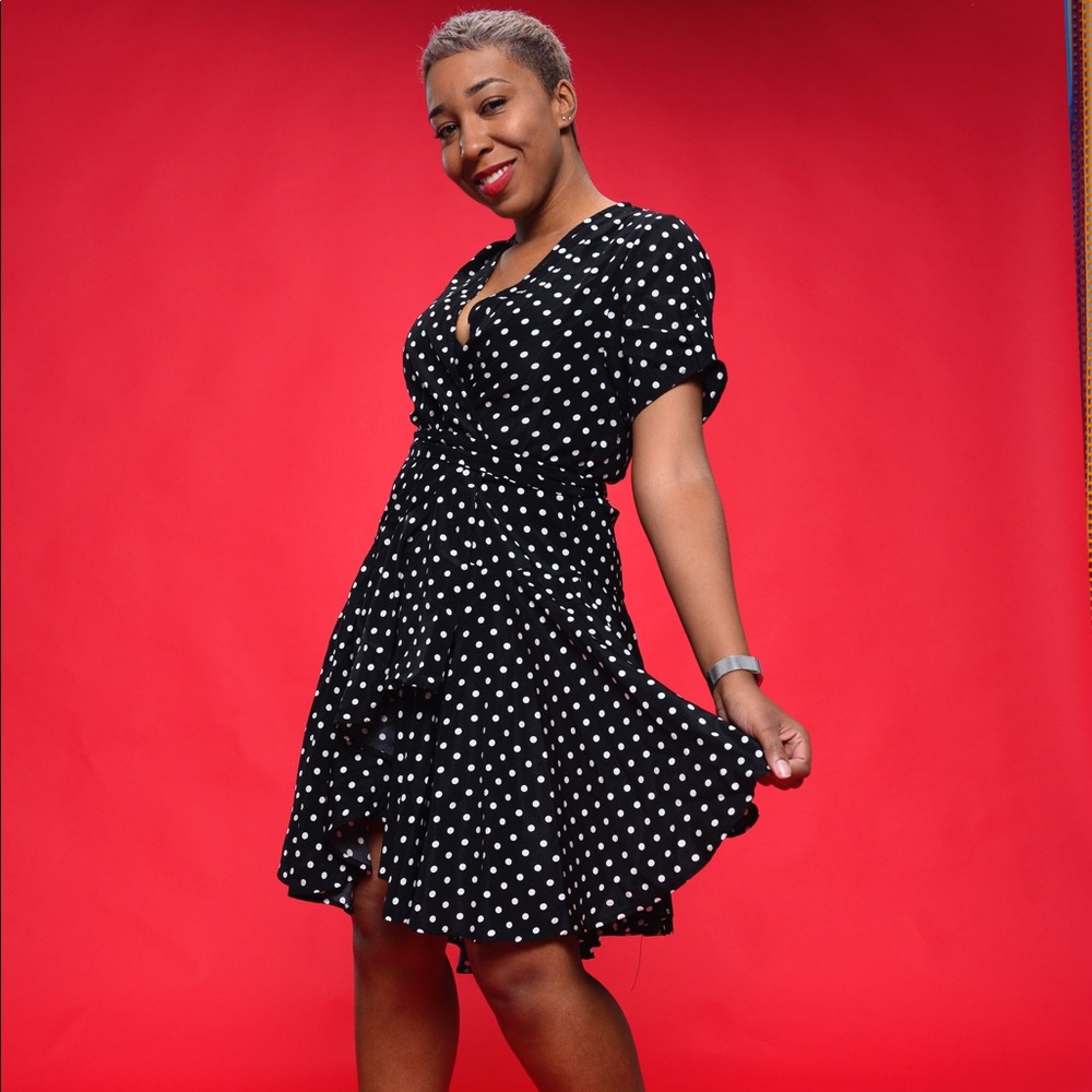 Black Cherille Polka Dot Wrap Dress